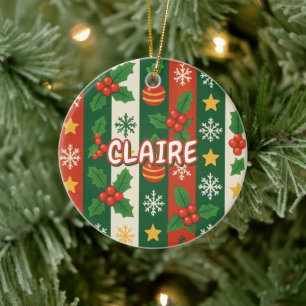 Décoration En Céramique Classic Holiday Red Green Stripes Stars Snowflake