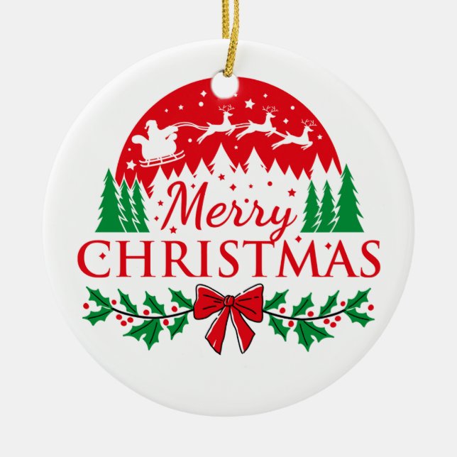 Décoration En Céramique "Classic Merry Christmas Reindeer & Santa Ornament (Devant)