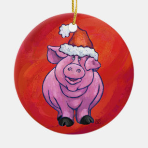 Décoration En Céramique Cochon mignon à Santa Hat sur rouge