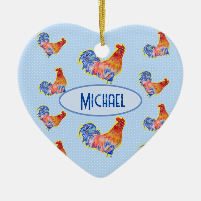 Décoration En Céramique Cockerel Rooster Rouge Funny Bleu et Zones Blanche (Devant)