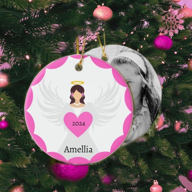 Décoration En Céramique Coeur de Noël rose mignon Nom photo personnalisé (Angel Ornament with pink fuchsia heart & custom photo, name & year for a Christmas tree keepsake.)