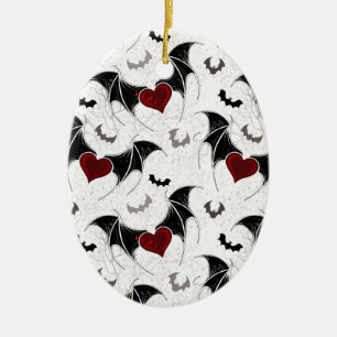 Décoration En Céramique Cœur d'Halloween avec ailes de chauve-souris noire