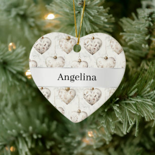 Décoration En Céramique Cœurs de crème chic ruban argenté Noël