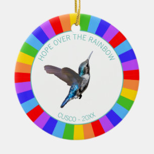 Décoration En Céramique Colibri bleu sur couleurs de l'arc-en-ciel