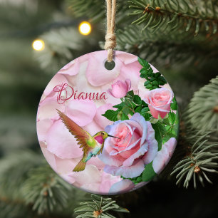 Décoration En Céramique Colibri personnalisé Roses roses et Pétales