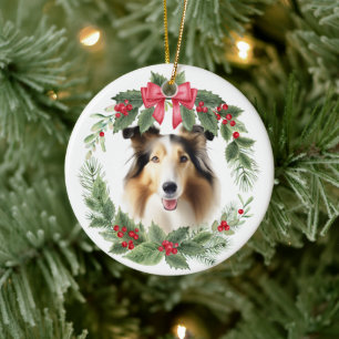Décoration En Céramique Collie Chien Red Bow Holly Wreath