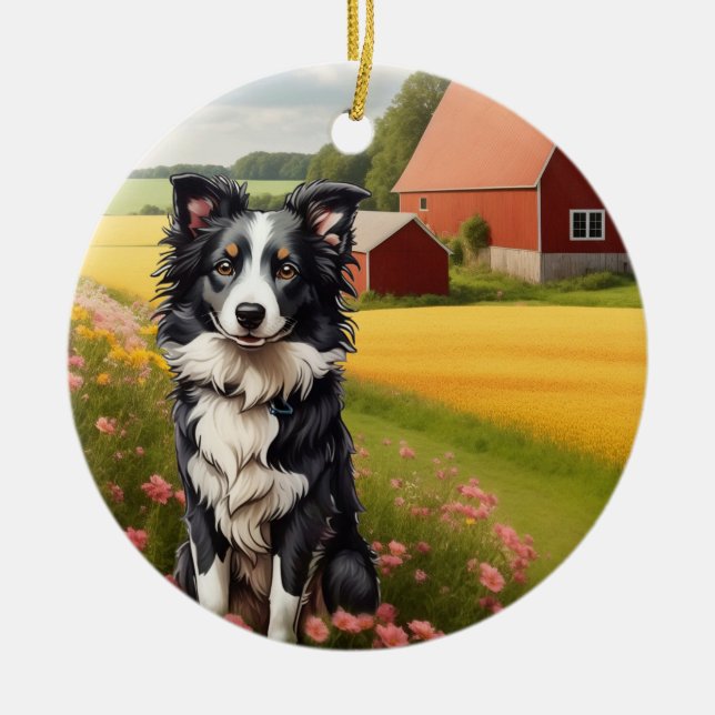 Décoration En Céramique Collie frontalier à la ferme (Devant)