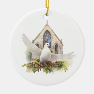 Décoration En Céramique Colombe blanche avec église