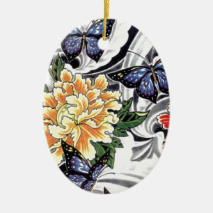 Décoration En Céramique Conception de tatouage de pivoine jaune et papillo