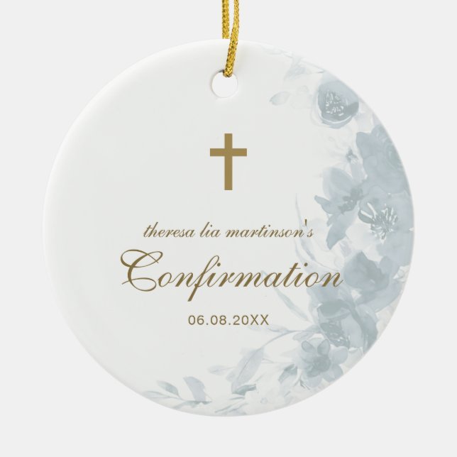 Décoration En Céramique Confirmation Aquarelle Bleue délicate Croix Floral (Devant)
