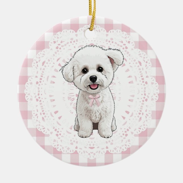 Décoration En Céramique Coquette Bichon Frise Dog Pink Gingham Bows (Devant)
