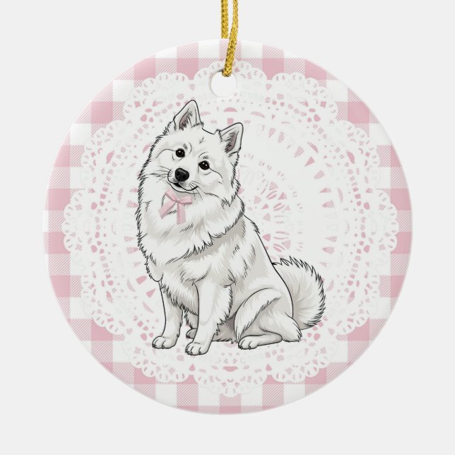 Décoration En Céramique Coquette Pomeranian Dog Pink Gingham Bows (Devant)