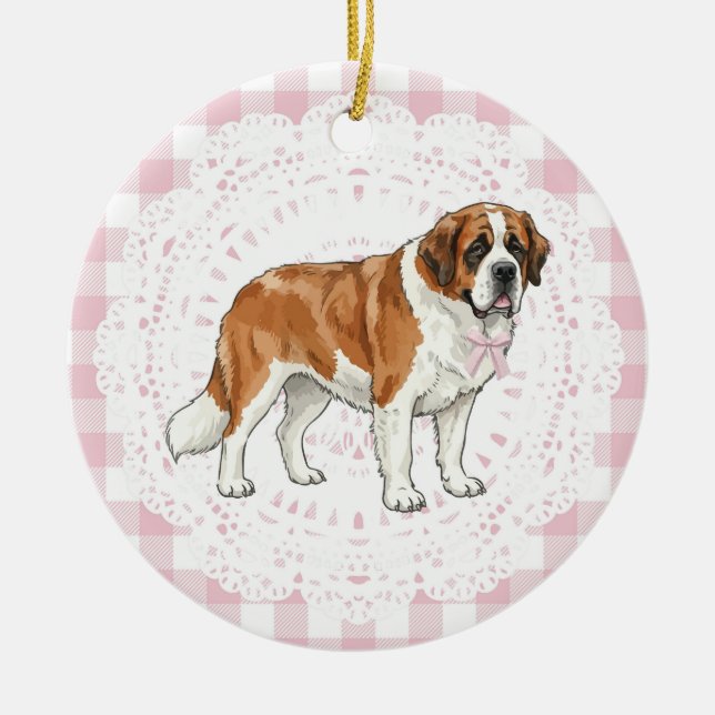 Décoration En Céramique Coquette Saint Bernard Dog Pink Gingham Bows (Devant)