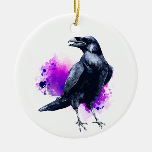 Décoration En Céramique Corbeau avec éclaboussure d'aquarelle violette (Devant)