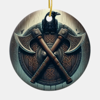 Décoration En Céramique Corbeau et Axes - Norse Warrior Shield Wall Art
