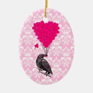 Décoration En Céramique Corbeau et cœur sur damas rose
