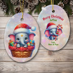 Décoration En Céramique Corbeille Cadeau Eléphant Enfants<br><div class="desc">Voici un adorable ornement de Noël pour un petit-fils spécial, petite-fille, fils ou fille. D'un côté se trouve l'image d'un mignon éléphant portant un casquette du Père Noël rouge et blanc. Le petit éléphant sort d'un panier cadeau en osier parmi des cadeaux aux couleurs vives. L'image est placée sur un...</div>