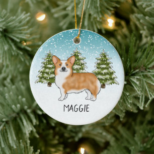 Décoration En Céramique Corgi gallois Pembroke rouge forêt d'hiver Noël