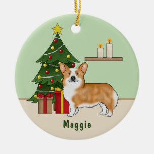 Décoration En Céramique Corgi Pembroke Gallois Rouge Et Sapin De Noël