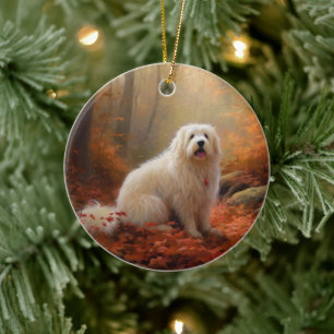 Décoration En Céramique Coton De Tulear dans les feuilles d'automne qui to