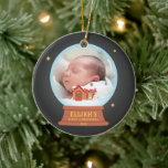 Décoration En Céramique Cottage Snowman Snow Globe Bébés 1st Christmas<br><div class="desc">Sur ornament with a cute snow globe that has a cottage house with chimney and red rovered by the falling snow. On the front of the house is a snowman and letter post box. Personalize with your little one's photo and name for a special baby's first Christmas keepsake ornament</div>