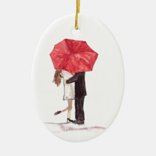Décoration En Céramique Couple amoureux sous parapluie rouge