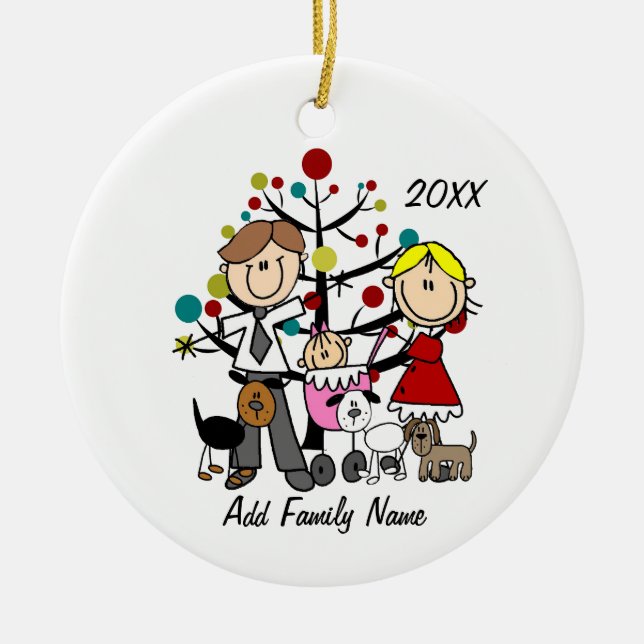 Décoration En Céramique Couple avec bébé fille trois chiens (Devant)