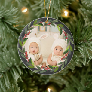 Décoration En Céramique Couronne aquarelle pour le premier Noël de jumeaux