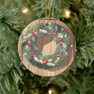 Décoration En Céramique Couronne de baie de Noël Joyeux Rustique Aquarel