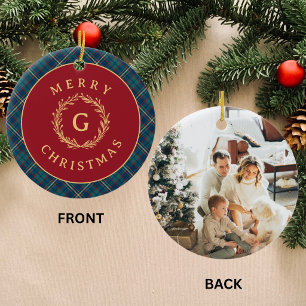 Décoration En Céramique Couronne de monogramme vintage Noël plaid rouge ph