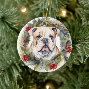 Décoration En Céramique Couronne de Noël Bulldog Chien de fête