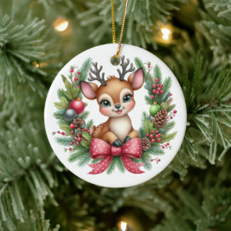 Décoration En Céramique Couronne de Noël cerf personnalisée mignonne