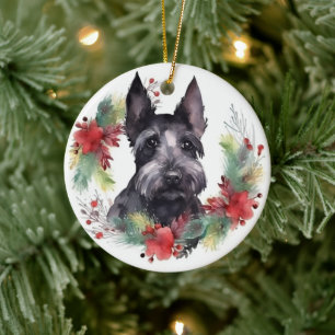 Décoration En Céramique Couronne de Noël de Terrier Écossais Chien de Fête
