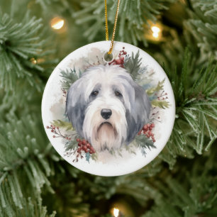 Décoration En Céramique Couronne de Noël de Vieux Chien de Berger Anglais 