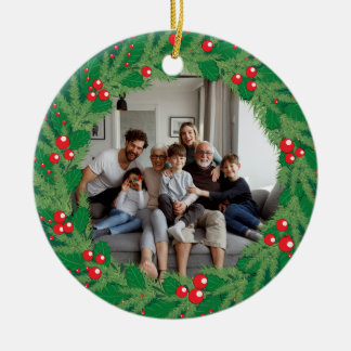 Décoration En Céramique Couronne de Noël en houx avec photo de famille per