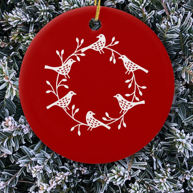 Décoration En Céramique Couronne d'oiseaux Rouge blanc (Scandinavian bird wreath white on red Christmas ornament)