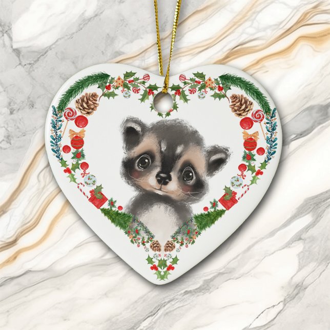 Décoration En Céramique Courte Woodland Raccoon Coeur Vacances Wreath (Créateur téléchargé)