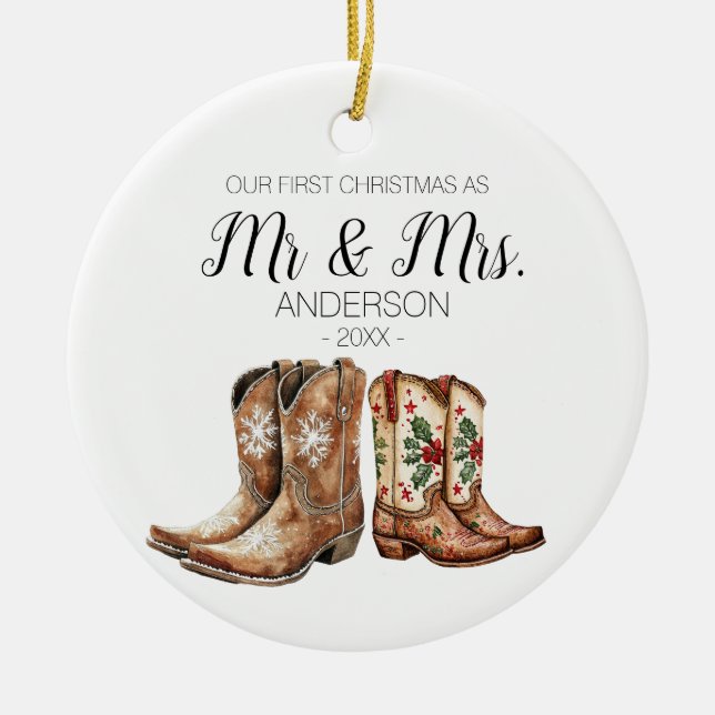 Décoration En Céramique Cowboy Cowgirl Boot First Christmas As Mr & Mrs. (Devant)