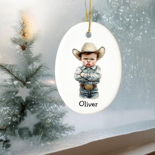 Décoration En Céramique Cowboy Grognon Personnalisé en Tenue de Denim