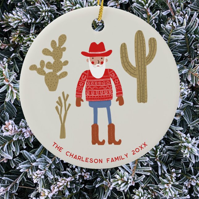 Décoration En Céramique Cowboy Santa Claus Christmas Custom Text (Fun Cowboy Santa Claus Western Christmas Holidays personalized name date ceramic ornament)