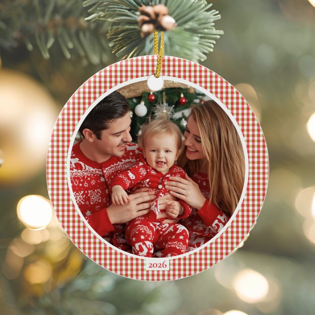 Décoration En Céramique Cozy Gingham Christmas Ornament with Photo (Cozy Christmas Gingham Photo Ornament)