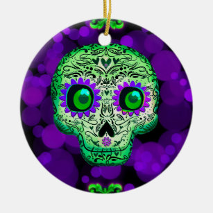 Décoration En Céramique Crâne de sucre vert et violet brillant Halloween