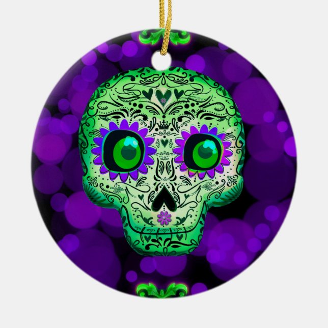 Décoration En Céramique Crâne de sucre vert et violet brillant Halloween (Devant)