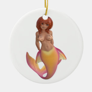 Décoration En Céramique Créature d'eau de sirène avec queue jaune et rose