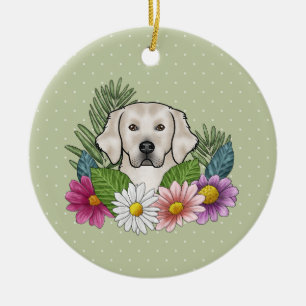 Décoration En Céramique Crème Golden Retriever Fleurs colorées et nom
