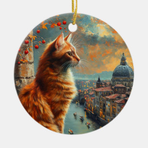 Décoration En Céramique Crépuscule à Venise Chat roux sur un canal