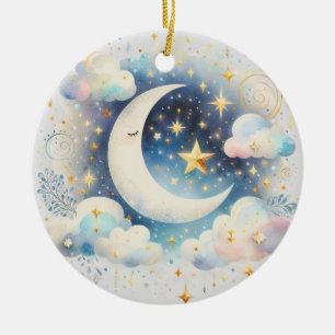 Décoration En Céramique Croissant de Lune Céleste Bleu et Blanc Bohème Mod