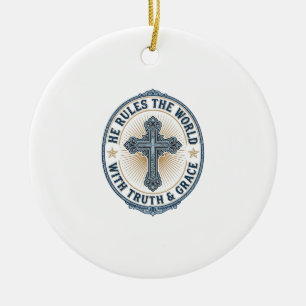 Décoration En Céramique Croix Chrétienne Il Règne sur le Monde