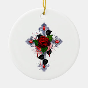 Décoration En Céramique Croix d'argent avec une rose rouge