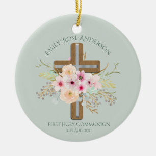 Décoration En Céramique Croix florale personnalisée de la Sainte Communion